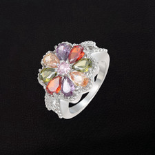 White Gold Plated Multi-Color Cubic Zirconia Flower Ring Size 6-9
