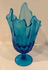 Vtg Fenton Art Glass Colonial Blue Thumbprint Handkerchief Swung Pedestal Vase