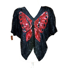 VTG 70 80 GlaM Black Red Shirt Silk Sequin Butterfly Top Dress y blouse DISCO os
