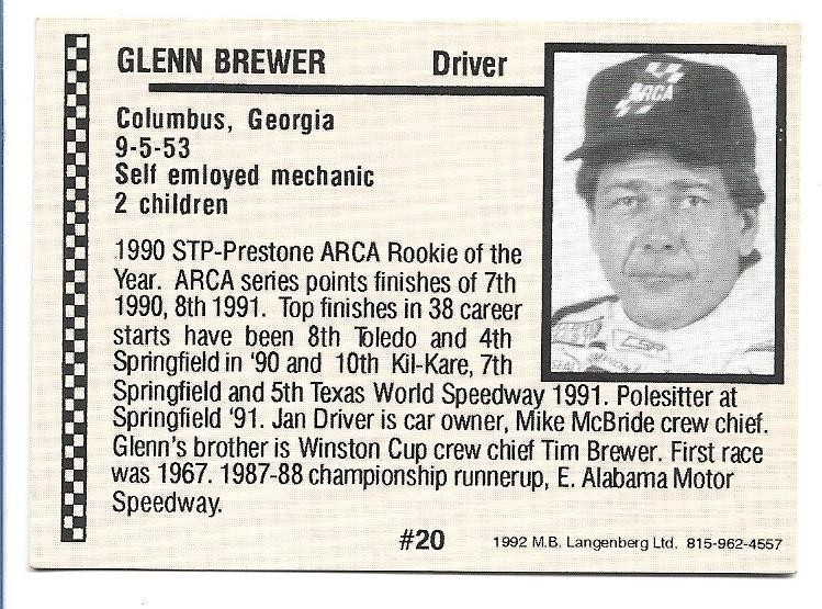Glenn Brewer 1992 Langenberg ARCA Flash Racing Card #20 | eBay