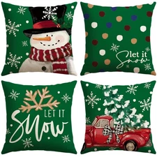 Set of 4 Green Christmas Throw Pillow Covers 20x20 Inch Winter Xmas Decorativ...