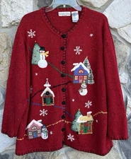 Vintage Christmas Sweater 2X Holiday Village Country Cottagecore Button Up
