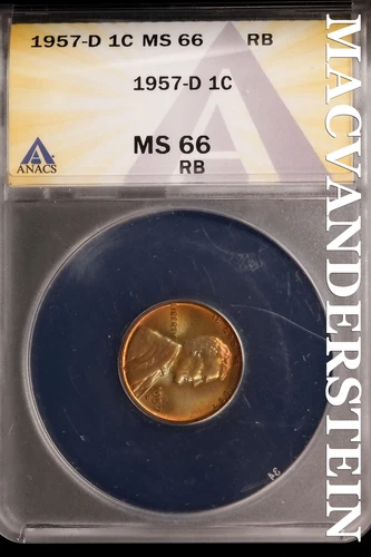 1957-D Lincoln Wheat Cent-ANACS MS 66 RB Choice Gem BU No Reserve #SLK1032