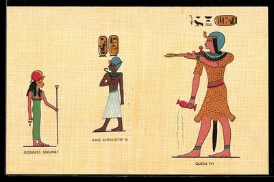 Postcard of Goddess Sekhmet, King Amenhotep III, Queen Tyi, excavation