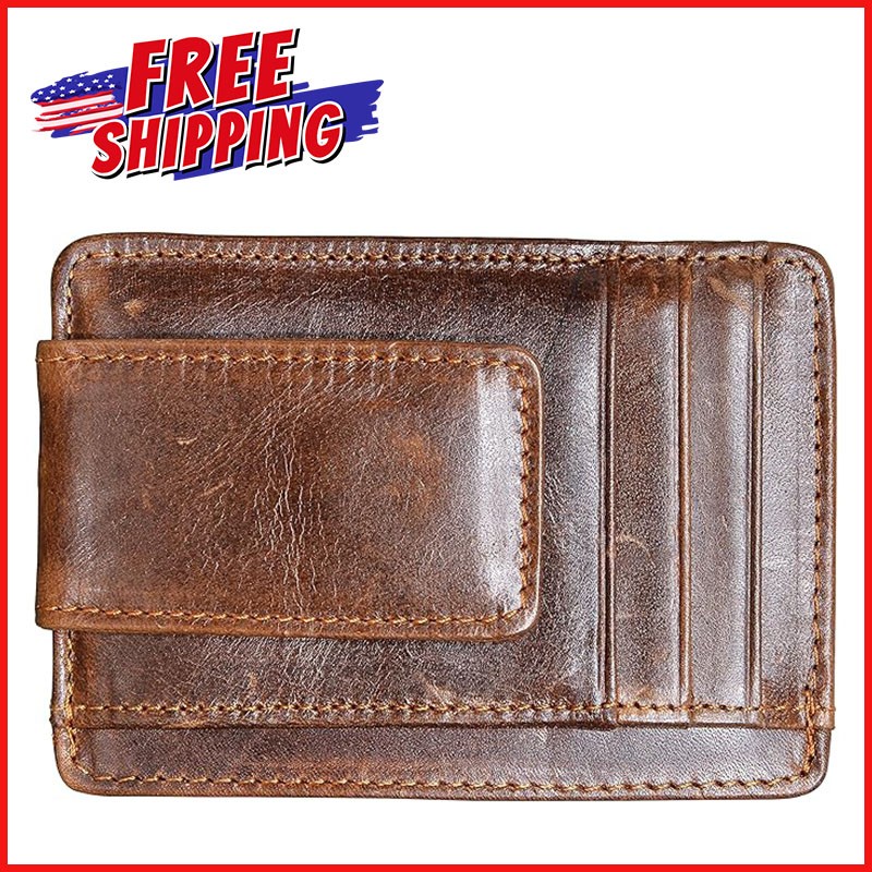 LEATHER MONEY CLIP WALLET Ultra Slim Minimalist RFID Block Front Pocket Brown