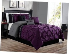 5 Pieces Twin Size Dark Purple/Grey/Black Double-Needle Stitch Pinch Pleat