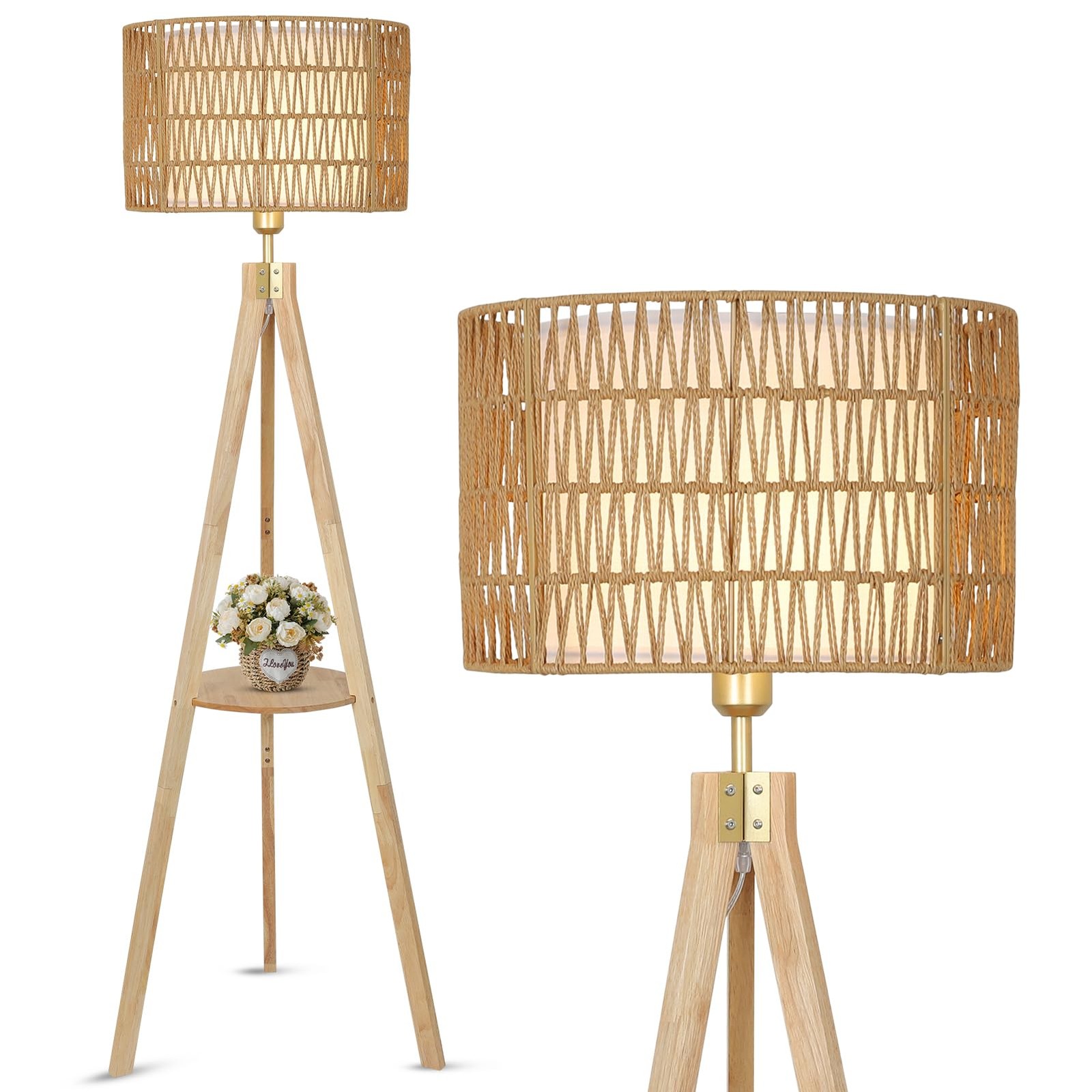 Lampada da Terra Legno Mensola Vintage Paralume Rattan Soggiorno