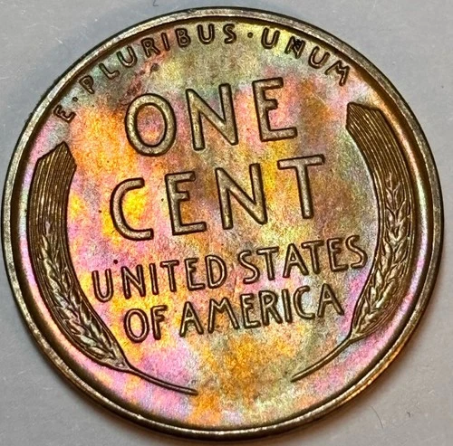 1944 D Lincoln Wheat Cent: Crisp BU Rainbow Toned Beauty