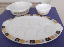 3 Vintage Milk Glass Serving Pcs-Atomic Starburst Meat Platter, Casserole, Bowl