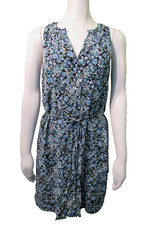 Loft M Women's Black Blue Floral Keyhole A Line Tie Belt Shift Dress