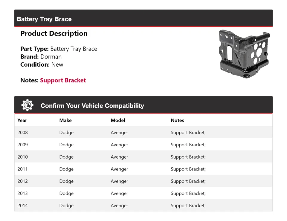 Soporte de bandeja de batería para Dodge Avenger Dorman 2008-2014 2009 2010 2011 2012 2013 Foto 2 de 4