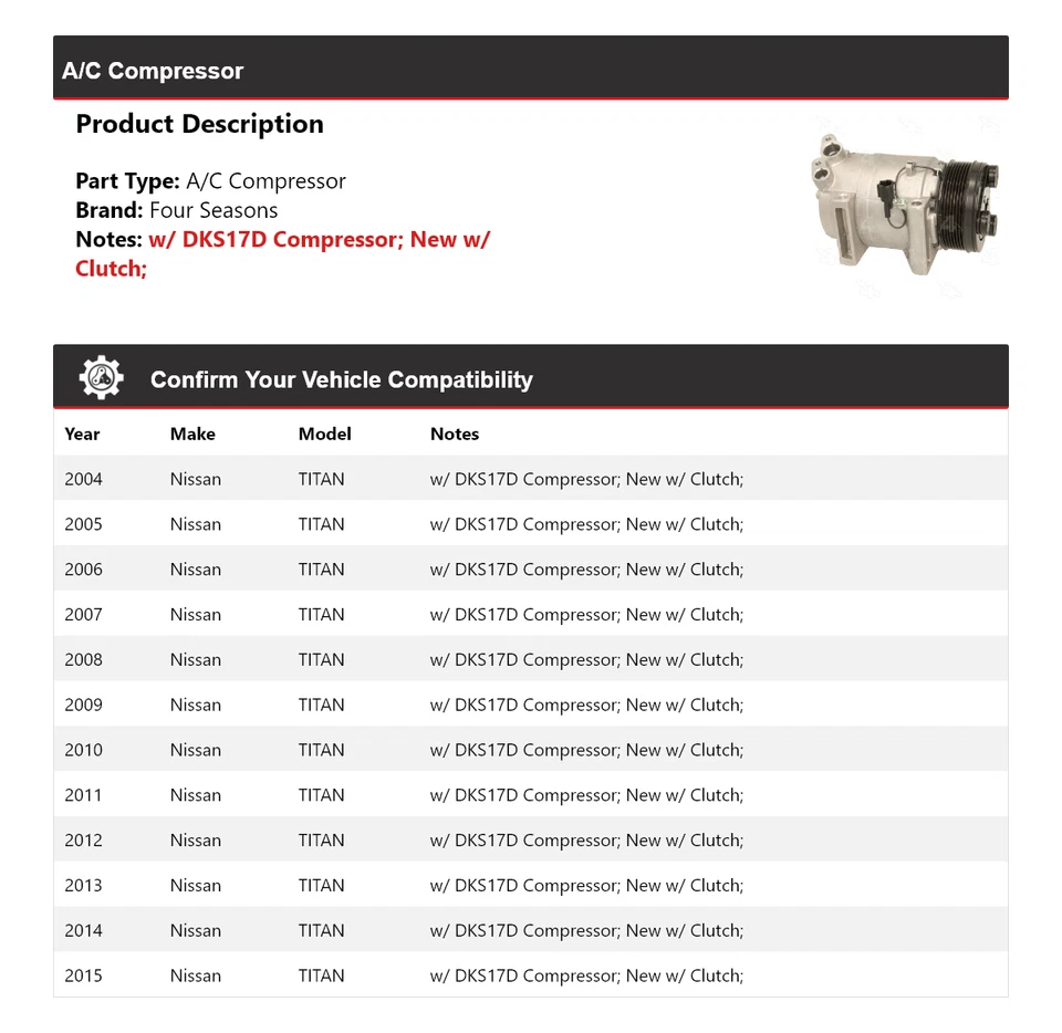 Compresor de aire acondicionado Nissan TITAN 2004-2015 4 estaciones 2005 2006 2007 2008 2009 Foto 2 de 4