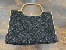 Vintage Beaded Evening Purse Black with Gold Tone Handle/Clasp/Edging READ
