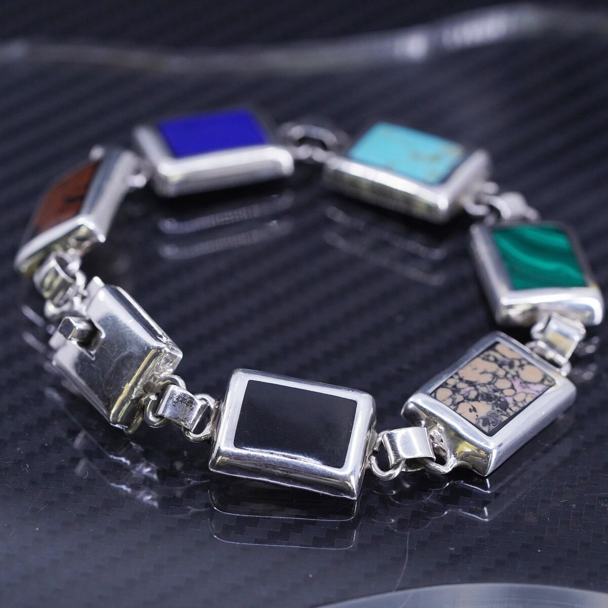 8”, Mexican sterling silver 925 rectangular bracelet malachite jasper onyx 8”, Mexican sterling silver 925 rectangular bracelet malachite jasper onyx