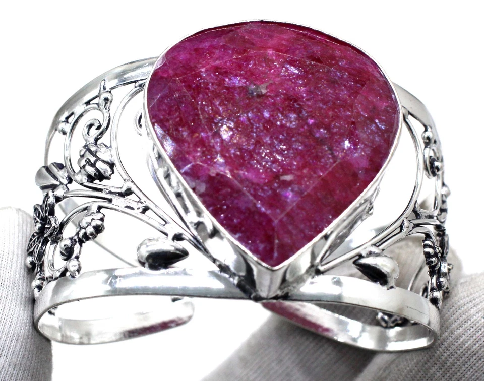925 Sterling Silver Pink Ruby Gemstone Handmade Jewelry Cuff Bracelet Size-ADJ - Image 2 of 4