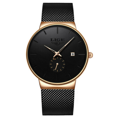 LIGE Men Watches Ultra Thin Wristwatch Mesh Steel Second Dial Male Quartz Watch