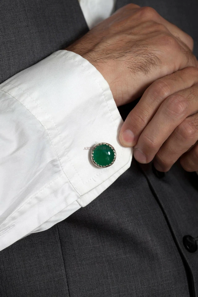 Gemstone In Onice Verde Naturale Con Gemelli In Argento Sterling 925 #2414 - Immagine 2 di 4