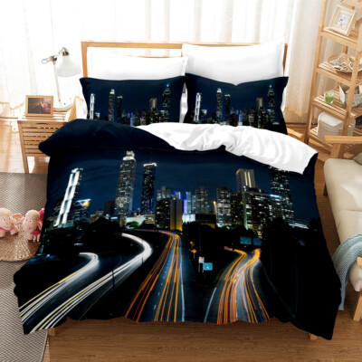 3D Stadt Nacht Lichter Landschaft Quilt Cover Set Bettwäsche Sets Kissenbezüg...