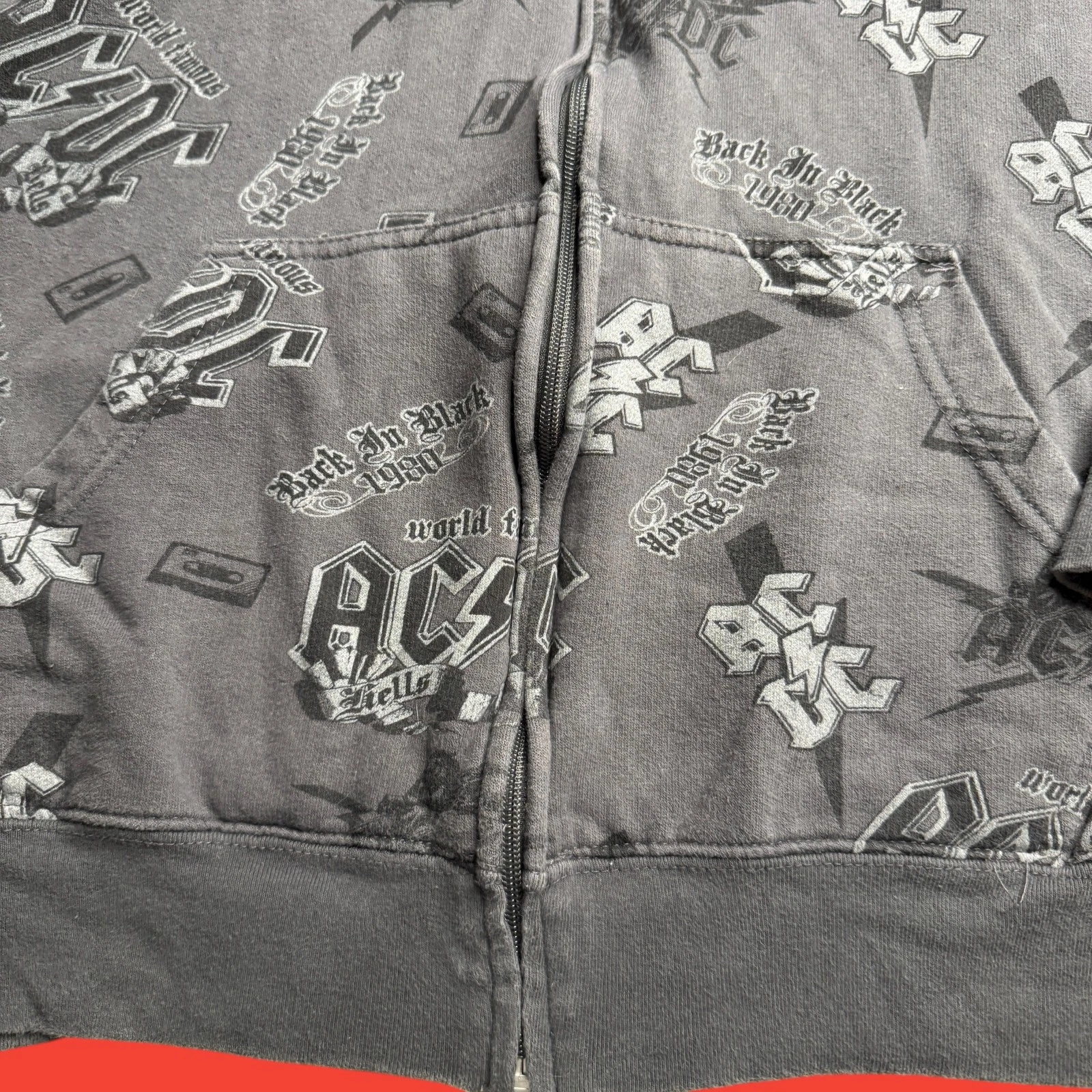 AC/DC Mens XL Rockware Gray Full Zip Hoodie Jacket Y2K AOP Rock Band Grunge image 3