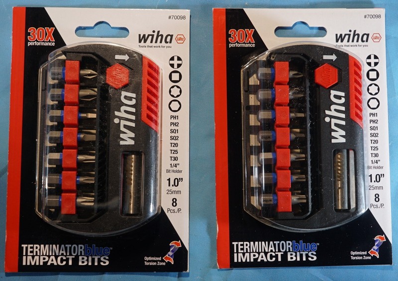 NEW TWO Wiha TerminatorBlue 1" 8pc #70099 Phillips/Square/Torx Impact Driver Set