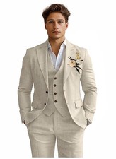 Linen Mens Suits 3 Piece Slim Fit Tuxedo Suit for Men Beach Wedding Formal Bu...