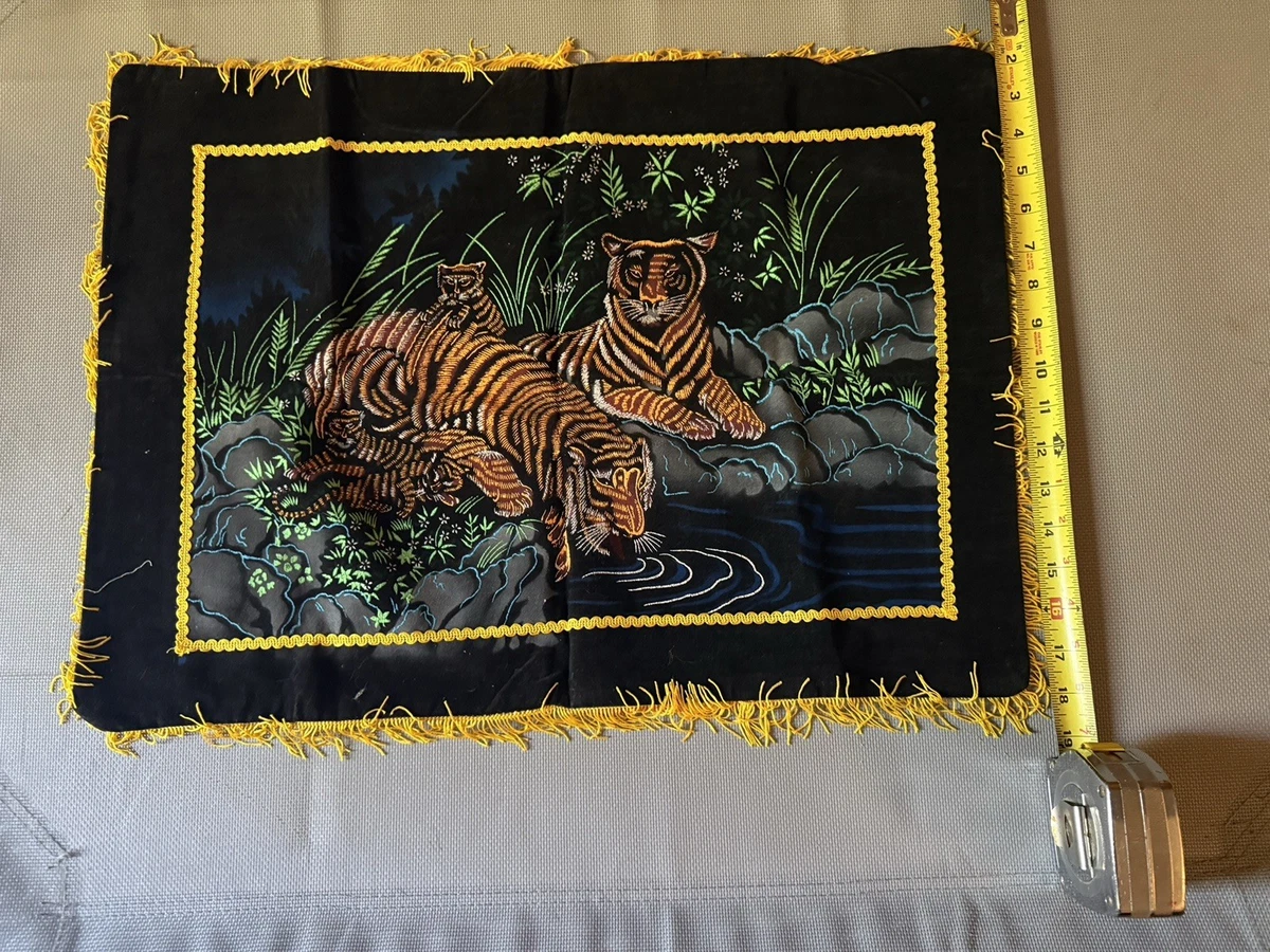 Vintage Black Tiger Family Tapestry Wall Hanging Yellow Fringe 23”x17