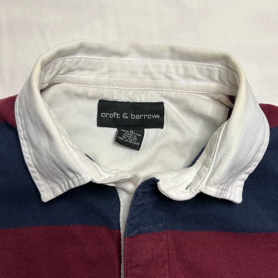Camisa Polo de Rugby Croft & Barrow De Colección Para Hombres M Manga Larga Roja Azul Marino Rayas Preppy Foto 4 de 4