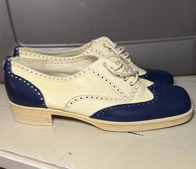 Studio Pollini Lace Up Broge Oxford White Blue Leather Size 9 Made In Italy