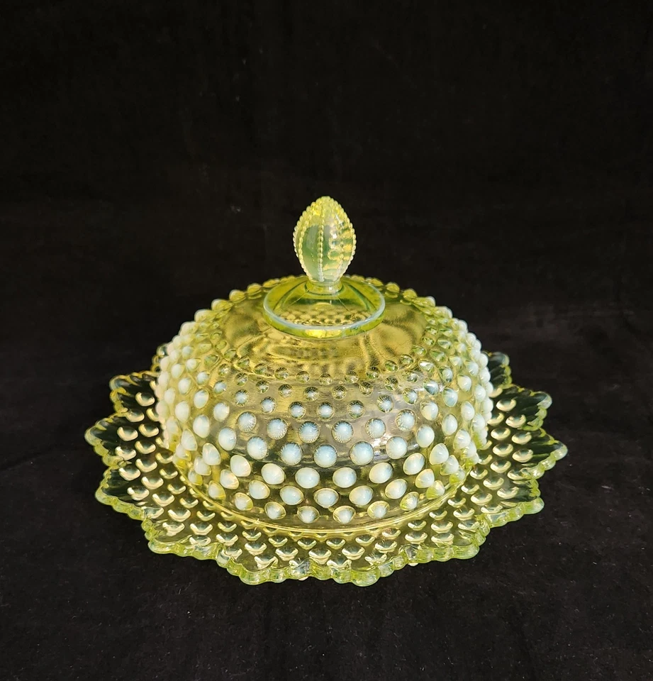 Fenton Vaseline Topaz Opalescent Hobnail Covered Butter Dish Prelogo Uranium - image 4 of 4