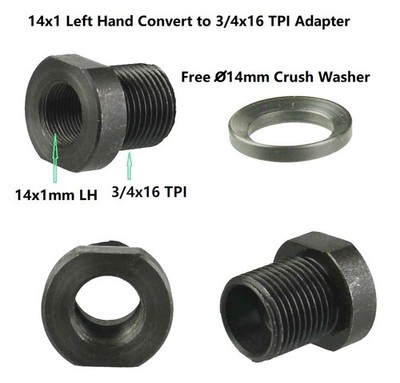 Steel Matric 14x1 mm Left Hand Female to 3/4x16 TPI Male Muzzle Thread Adapter
