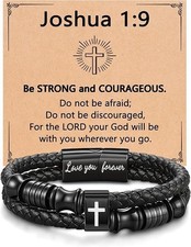 Men's/Boys Christian Leather Cross 8.2in Long Bracelet Joshua 1:9 Baptism Black