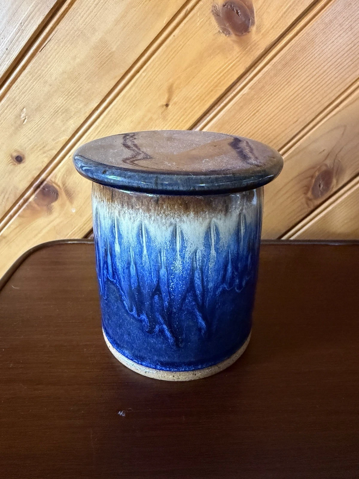 Studio Art Pottery French Butter Bell Crock Keeper Stoneware Drip Glaze Signed