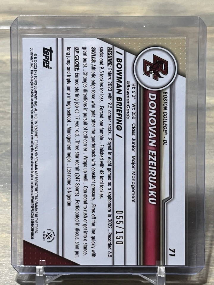 2023 Bowman U Chrome 1st Donovan Ezeiruaku Fuchsia Mini Diamond Refractor #/150 - Image 2 of 2