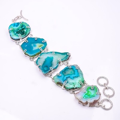 Natural Ocean Blue Agate Drusy -Botswana 925 Sterling Silver Bracelet 7.99'' B23