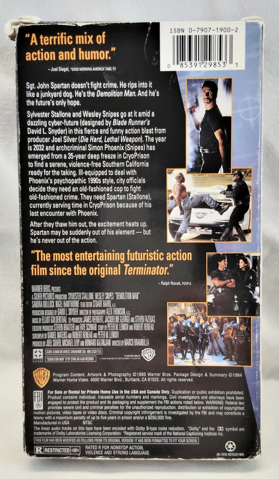 Demolition Man VHS 1993 Stallone Snipes Futuristic SciFi Action Rated R - Image 2 of 4