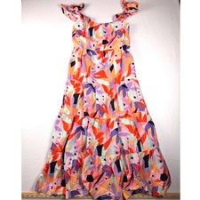 Abstract Botanical Print Tiered Maxi Dress Tie Shoulder Straps Multicolor