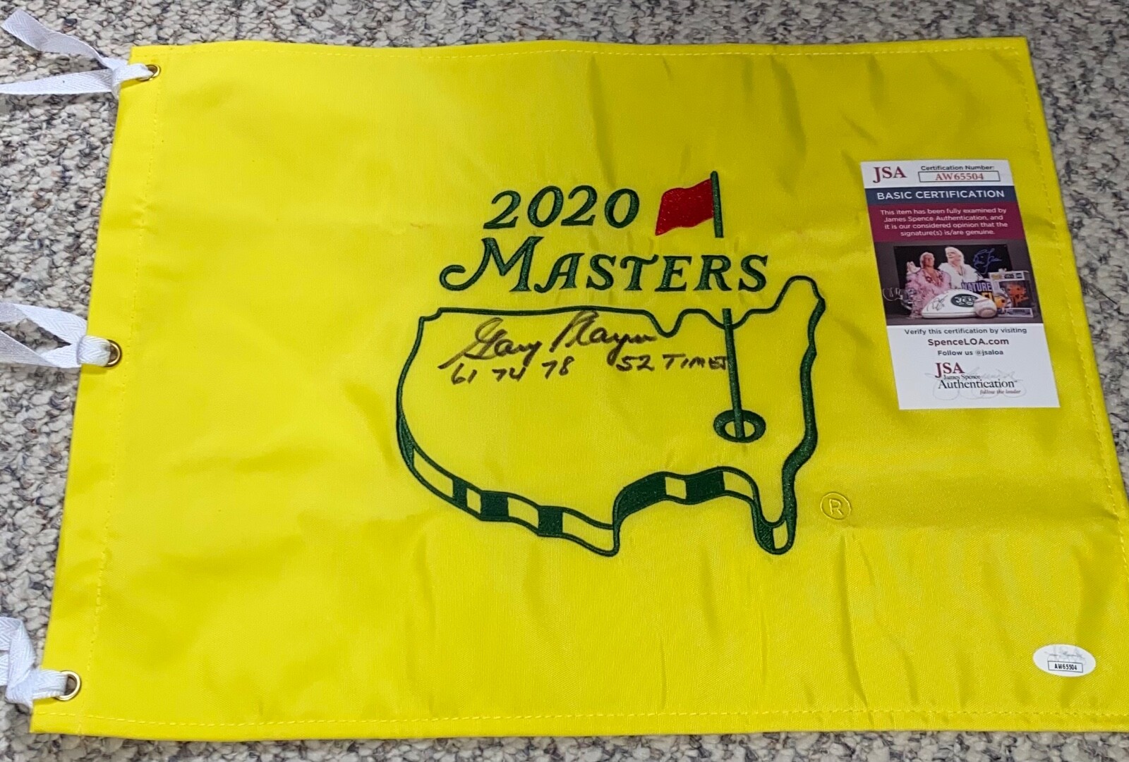 Gary Player Autographed Signed 2020 MASTERS GOLF FLAG 61 74 78 52 INSC. AUTO JSA N 