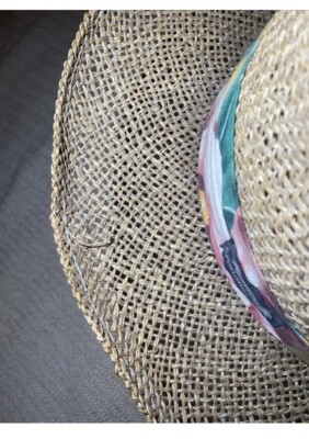 Vintage Original Panama Jack Woven Straw Hat w/ Blue Floral Fabric on Brim Sz SM s-l400.jpg main image 3