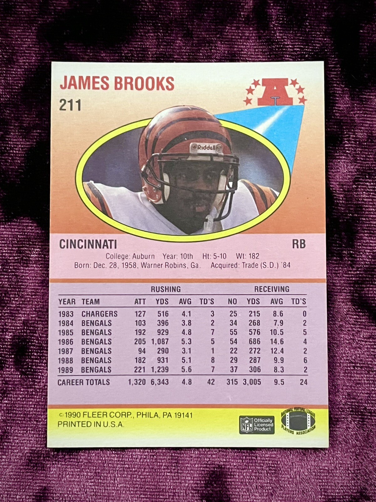 James Brooks 1990 Fleer Football 211 Bengals Star Jersey Auburn
