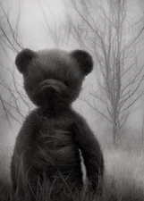 ACEO e9Art vintage photography meme art Teddy Bear stuffed animal black & white