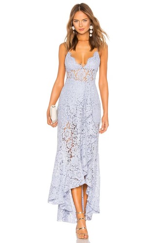 $300 NBD sleeveless maxi lace dress with cascading ruffle in pale blue sz L