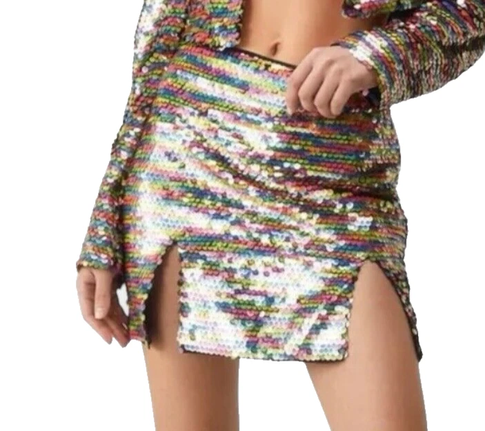 Mini-saia Nasty Gal multicolorida lantejoulas completas fendas frontais feminina Reino Unido tamanho 8 - Imagem 2 de 4