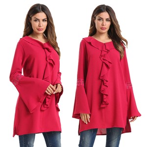 Red-Women-Long-Sleeve-Chiffon-Tunic-Bloues-Shirt-Tops-Ladies-Casual-Mini-Dress