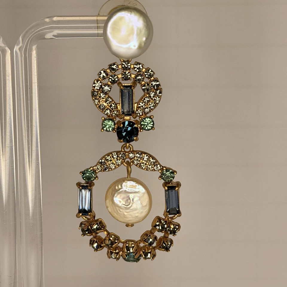 J.Crew Freshwater Pearl Sparkle Statement Earrings Blue Multi Gold Plated NWT - Image 2 of 4