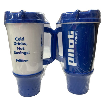 2 Pilot Gas Station PhillBrrr 32 oz Insulated Travel Mug Plastic Blue & White