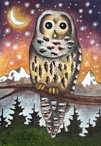 Sunset Owl ACEO original painting Amy Weber 2.5x3.5 Art