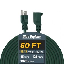 12 Gauge Heavy Duty Extension Cord 50 Ft, 3 Prong Grounded Green