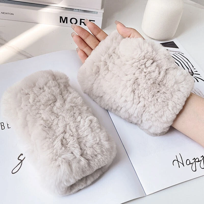 Women Girls Genuine Rex Rabbit Fur Knitted Mittens Winter Warm Fingerless Gloves