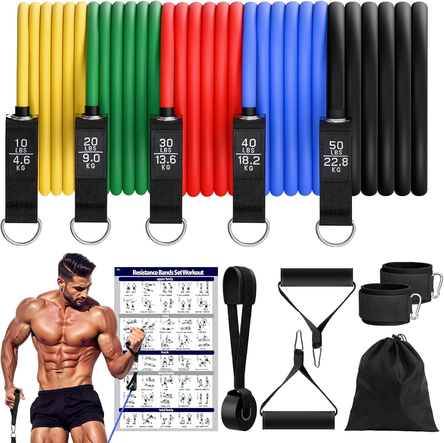 Kit élastique musculation anti-roulement avec 5 forces pour tonifier le corps