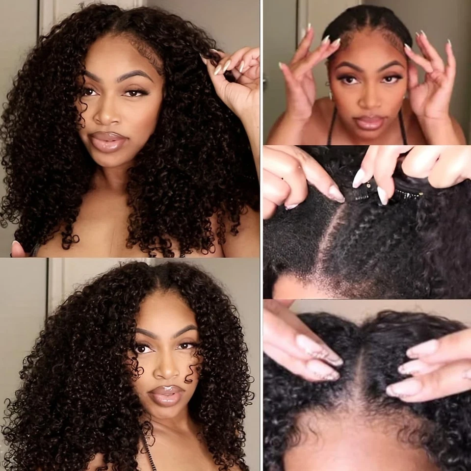 Peluca parte en V cabello humano rizado sin pegamento sin dejar fuera actualización pelucas parte en U cabello humano Foto 4 de 4